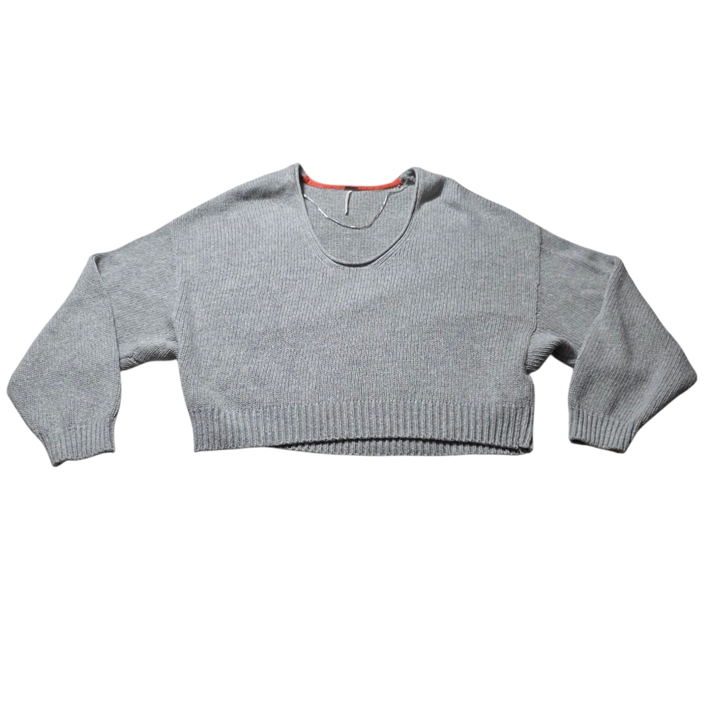 Free People Cropped Sweater Gray Heathered Long Sleeve Scoop Neck XS Oversized